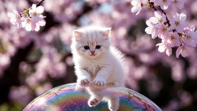 Cute White Kitty with Big Eyes Is Sitting on a Large Soap Bubble — Grok Imagine video prompt example