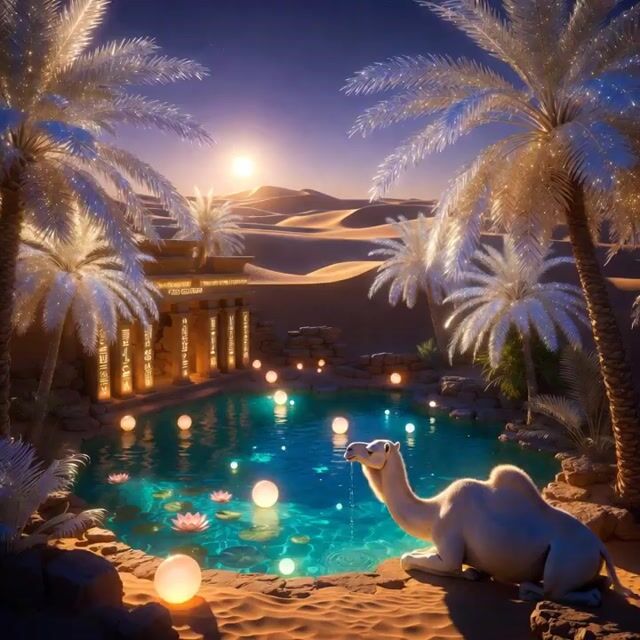 Hidden Magical Oasis in Endless Golden Dunes at Twilight — Grok Imagine video prompt example
