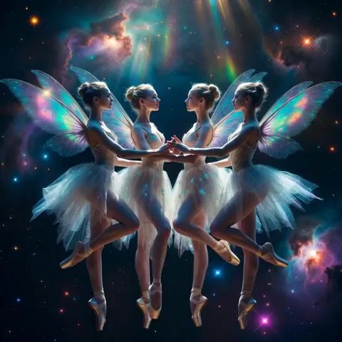 Four Delicate Fairy Ballerinas Standing Side by Side Facing Forward — Grok Imagine video prompt example