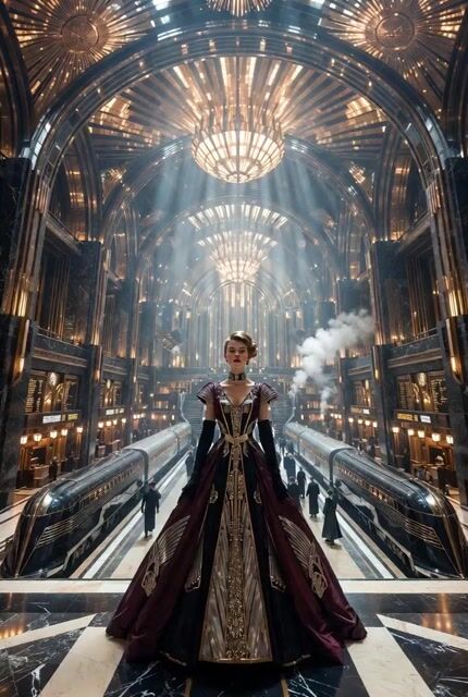 Epic Art Deco Imperial Railway Station Interior, Glamorous Woman — Grok Imagine video prompt example