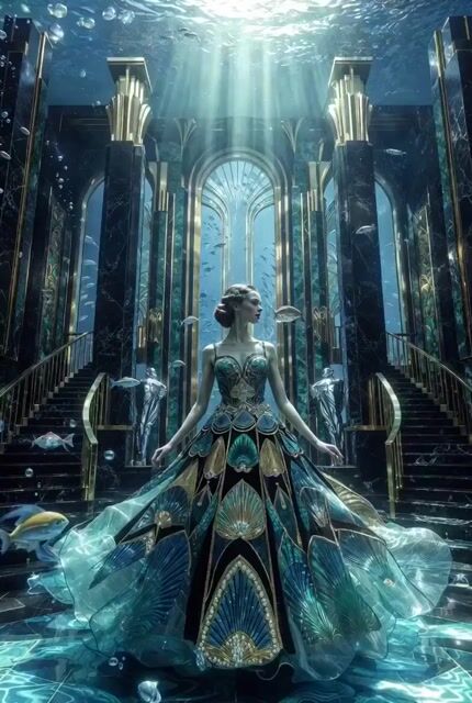 Ultra Luxurious Underwater Art Deco Temple, an Elegant European Woman — Grok Imagine video prompt example