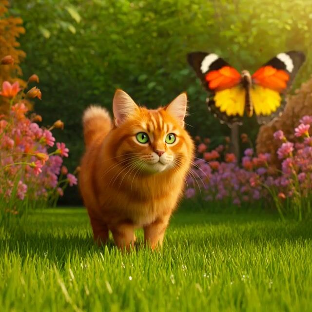 Fluffy Orange Tabby Cat Playfully Chasing a Butterfly in a Sunny — Grok Imagine video prompt example