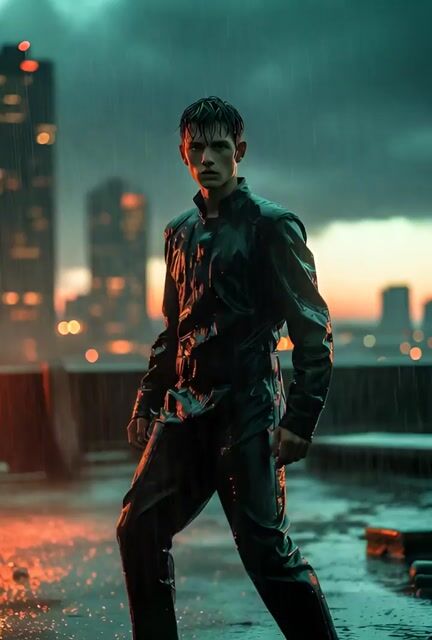 Young Male Action Hero Standing Powerfully on a Rainy City Rooftop — Grok Imagine video prompt example