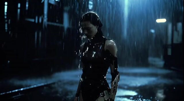 Female Cyborg Standing Alone in Heavy Rain on Dark Futuristic Street — Grok Imagine video prompt example