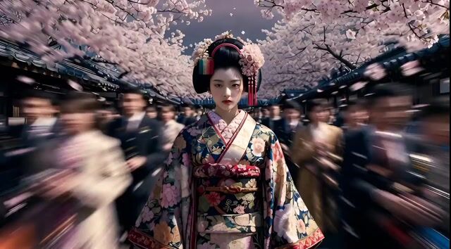 Avant-garde Floral Couture on a Youthful, Doll-like Geisha, Standing — Grok Imagine video prompt example