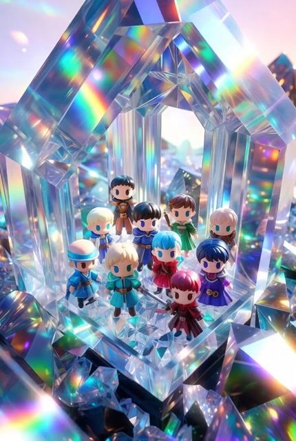 Chibi Heroes Inside Crystal Palace, Reflective Surfaces, Rainbow — Grok Imagine video prompt example