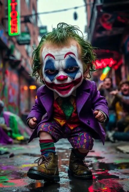 Giant Baby Clown Villain Inspired by Joker Dancing in a Chaotic Urban — Grok Imagine video prompt example