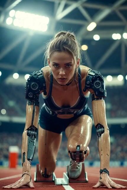 Low Angle Shot of a Cyborg Sprinter Woman at the Starting Block — Grok Imagine video prompt example
