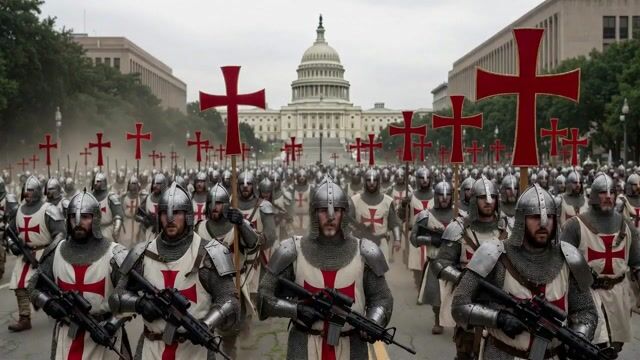 50 Thousand Templar Crusaders Armed with FN SCAR Battle Rifles March — Grok Imagine video prompt example