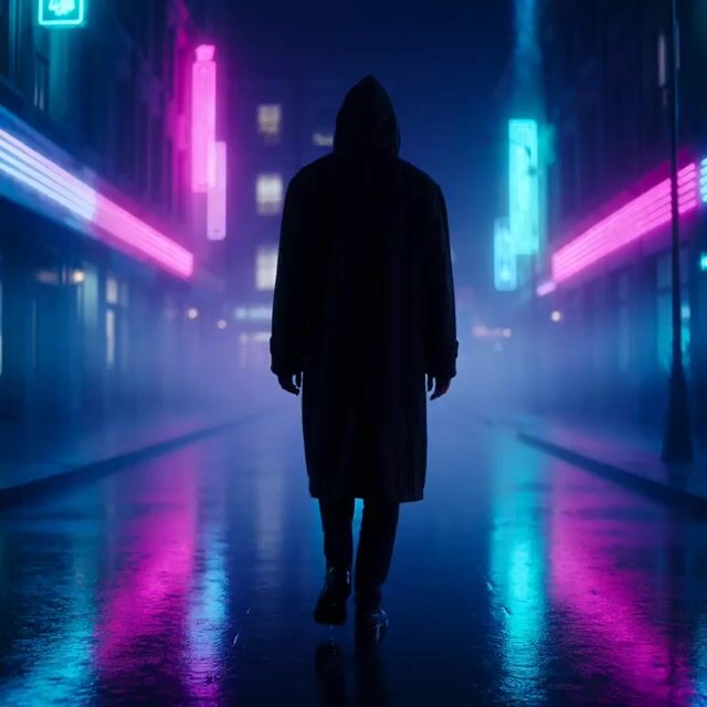 Lone Figure in a Dark Coat Walking Slowly Through a Neon-lit Rainy — Grok Imagine video prompt example
