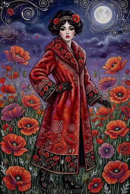 Elegant Young Woman in a Red Fur Coat, Surrounded by Poppies Under — Grok Imagine video prompt example