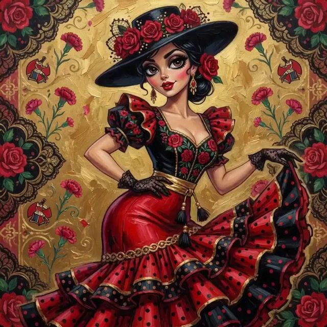 Beautiful Spanish Woman, Wearing a Black Hat with Red Roses — Grok Imagine video prompt example