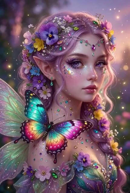 Beautiful Fairy with Flowers in Her Hair, a Colorful Butterfly on Her — Grok Imagine video prompt example