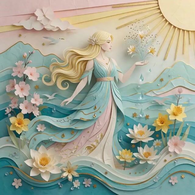 3D Paper Art of the Goddess of Water with Long Blonde Hair — Grok Imagine video prompt example