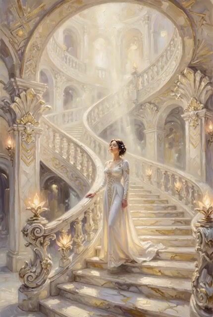 Woman Standing on a Grand Staircase That Rises Endlessly Into Light — Grok Imagine video prompt example