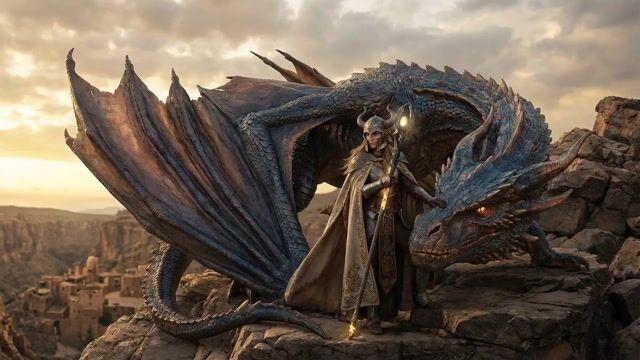 Strong Female Warrior Turns Her Back to the Camera, the Dragon Gently — Grok Imagine video prompt example