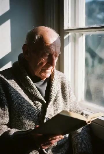 He Looks Up from His Book and Stares Out of the Window, Deep — Grok Imagine video prompt example