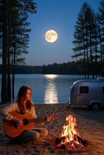 Pine Trees in Background , Lake Full Moon , Small Airstream Type — Grok Imagine video prompt example