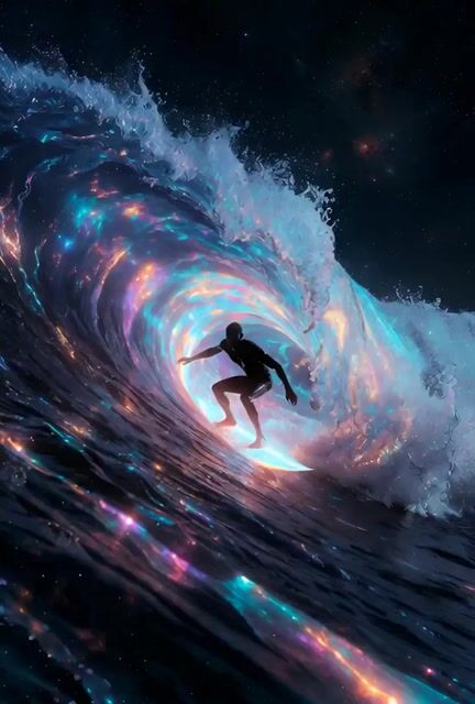Hyper Realistic Shot of Someone Surfing on a Wave Made of Cosmic — Grok Imagine video prompt example