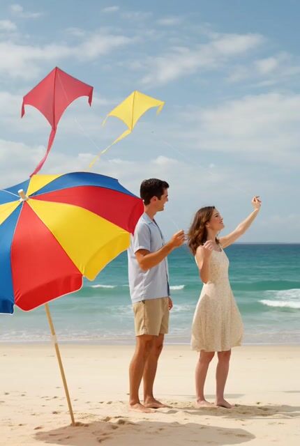 Man and Lady Fly Kites on the Ocean Beach — Grok Imagine video prompt example