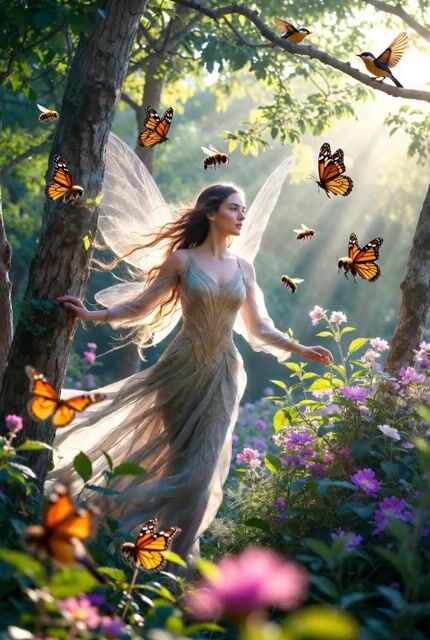 In Comic Book Style Fairy Lady Walks Through the Forest Touching — Grok Imagine video prompt example