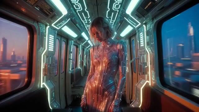 Cybernetic Model In A Train — Grok Imagine video prompt example