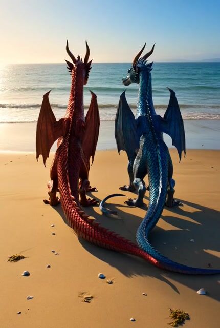 Ocean Beach Shimmering Dragons — Grok Imagine video prompt example