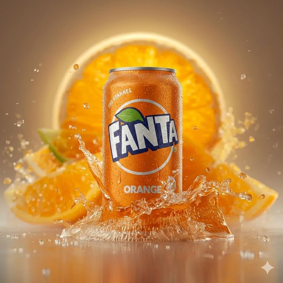 Hyper-realistic Cinematic Product Photograph of a Classic Fanta — Nano Banana Pro image prompt example