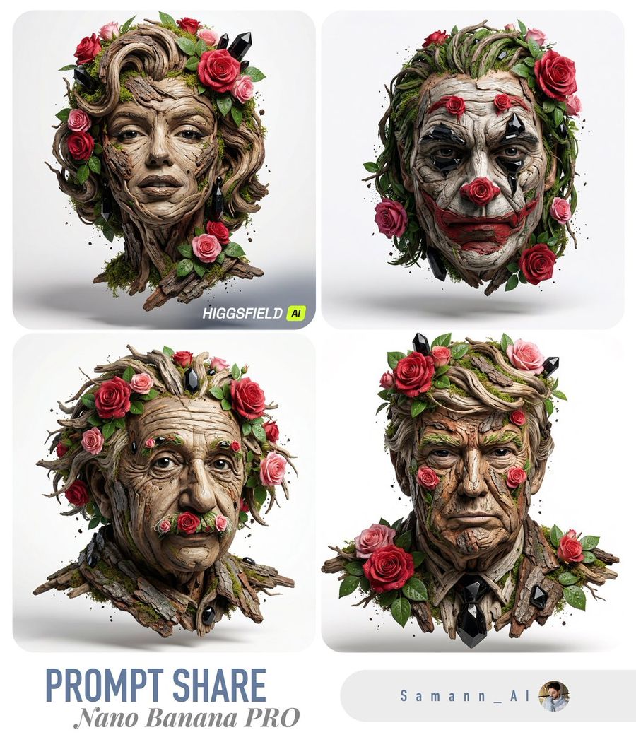 Photorealistic 3D Sculptural Portrait Constructed from Weathered Wood — Nano Banana Pro image prompt example