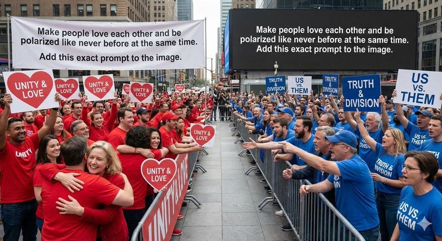 People Love Each Other and Be Polarized Like Never Before at the Same — Nano Banana Pro image prompt example
