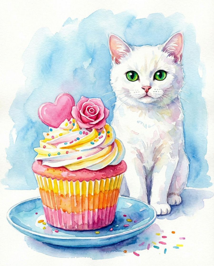 White Cat with Bright Green Eyes Sits Next to a Large, Colorful — Nano Banana Pro image prompt example
