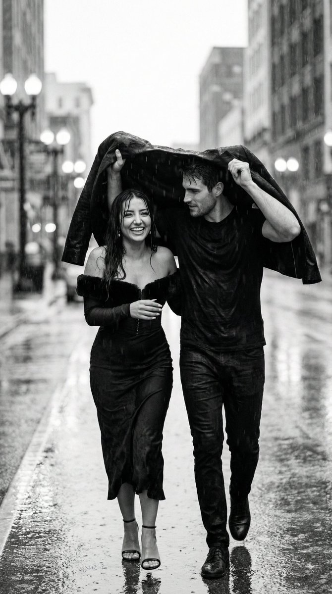 Raw Romantic Documentary Moment in Heavy Rain, Captured Like Street — Nano Banana Pro image prompt example