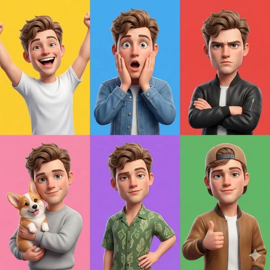 3D Pixar-style Animated Young Male Character Showcased in a 6-Panel — Nano Banana Pro image prompt example
