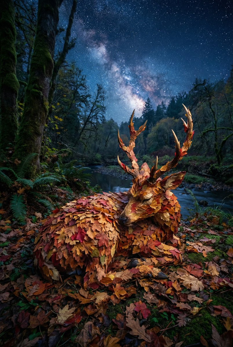 Deer Made Entirely of Autumn Leaves — Head, Body, Legs, Ears, Tail — Nano Banana Pro image prompt example