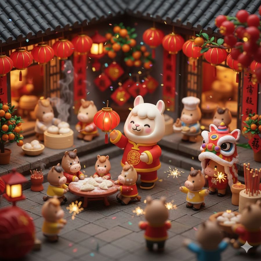 Cute Popmart-style 3D Miniature Chinese New Year Courtyard, Natural — Nano Banana Pro image prompt example