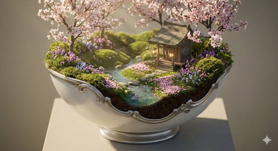 Ornate Bowl Diorama Containing a Sacred Spring Shrine Landscape — Nano Banana Pro image prompt example
