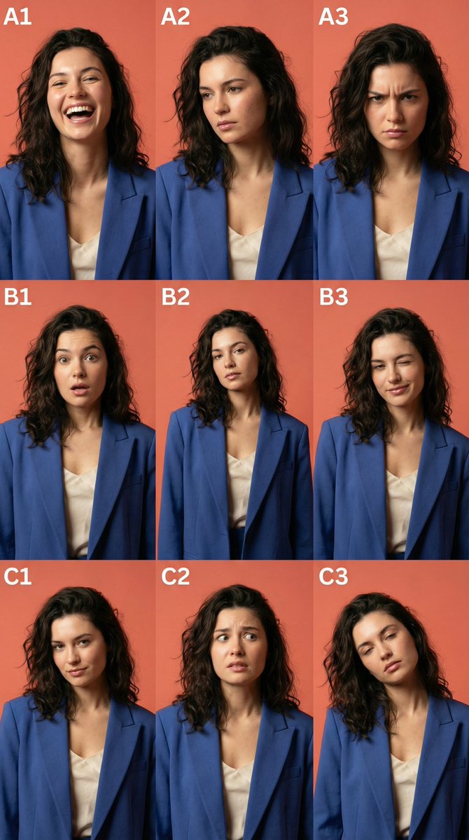 3x3 Grid Layout Expression Sheet of the Same Character Based — Nano Banana Pro image prompt example