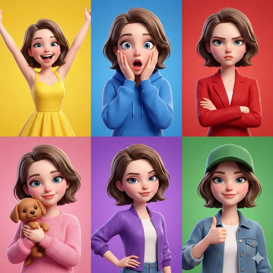 3D Pixar-style Animated Girl Shown in a 6-Panel Grid, Same Character — Nano Banana Pro image prompt example