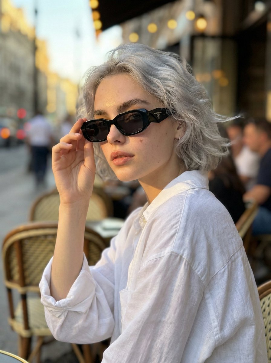 Photorealistic Portrait of a Stylish Young Woman Sitting — Nano Banana Pro image prompt example