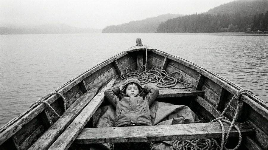 Black and White Documentary Photograph of a Child Lying Inside — Nano Banana Pro image prompt example
