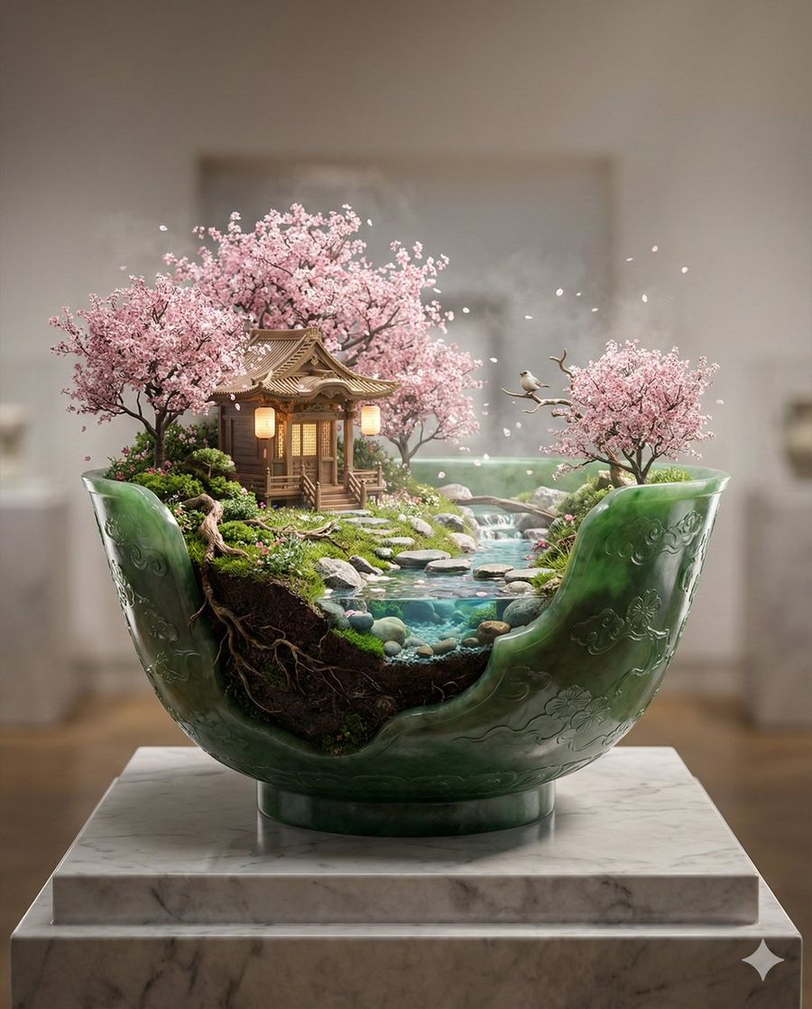 Living-world Masterpiece Ornate Imperial Green Jade Bowl Diorama — Nano Banana Pro image prompt example