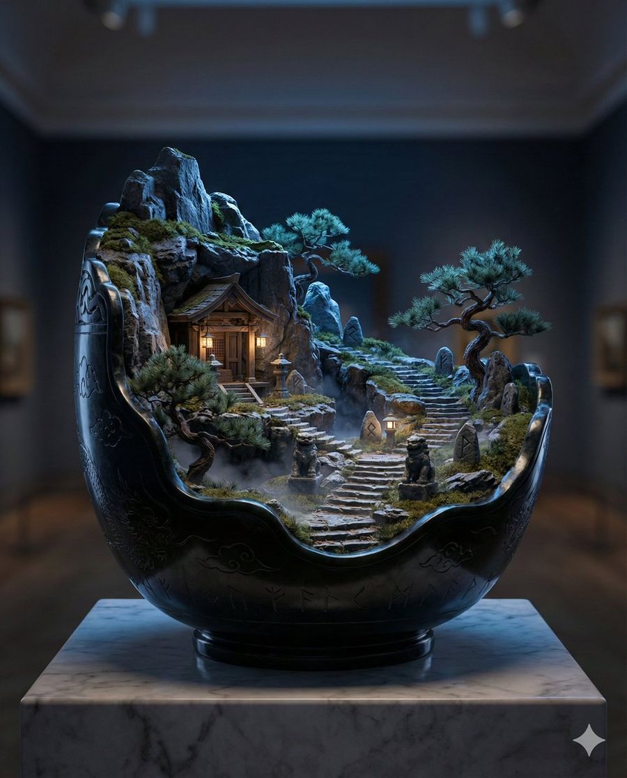 Imperial Masterpiece Ornate Black Jade Bowl Diorama Titled Night — Nano Banana Pro image prompt example