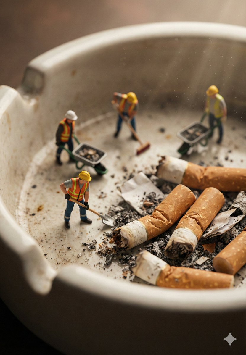 Miniature Construction Workers Cleaning a Giant Ashtray Filled — Nano Banana Pro image prompt example