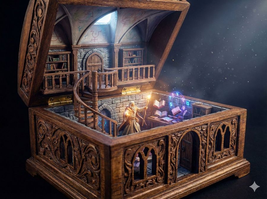 Two-level Miniature Wizard Library Tower Where the Ornate Open — Nano Banana Pro image prompt example
