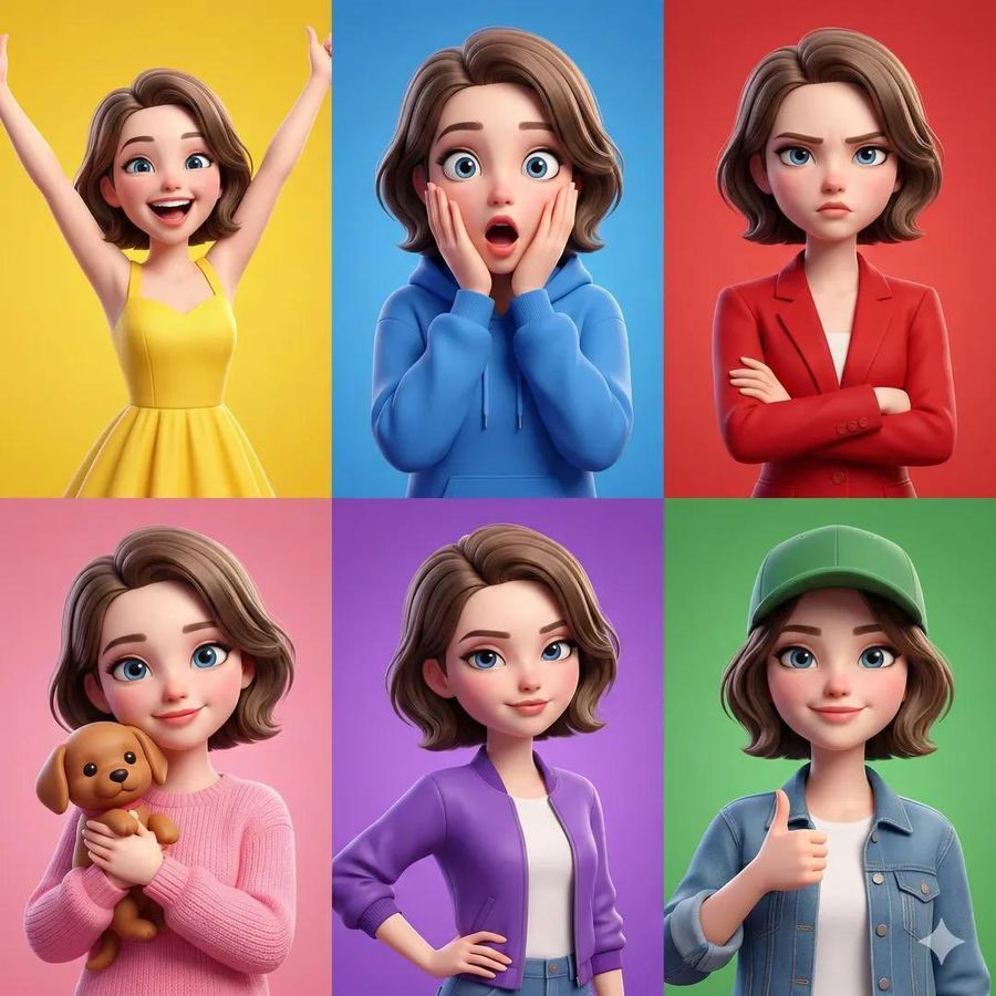 3D Pixar-style Animated Girl Shown in a 6-Panel Grid, Same Character — Nano Banana Pro image prompt example