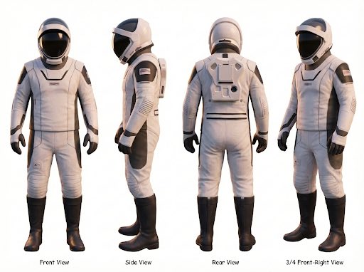 Character Sheet of a Character from Front, Side, Rear and 3/4 Turn — Nano Banana Pro image prompt example