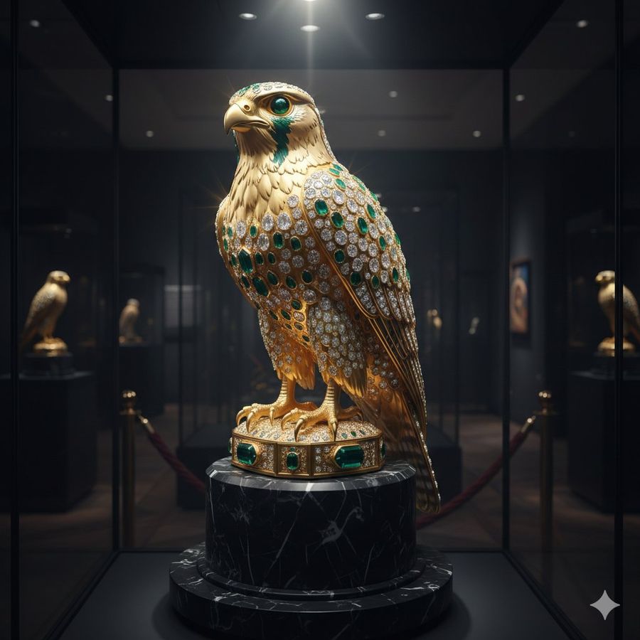 Ornate Gold Falcon Sculpture Perched on a Black Marble Pedestal — Nano Banana Pro image prompt example
