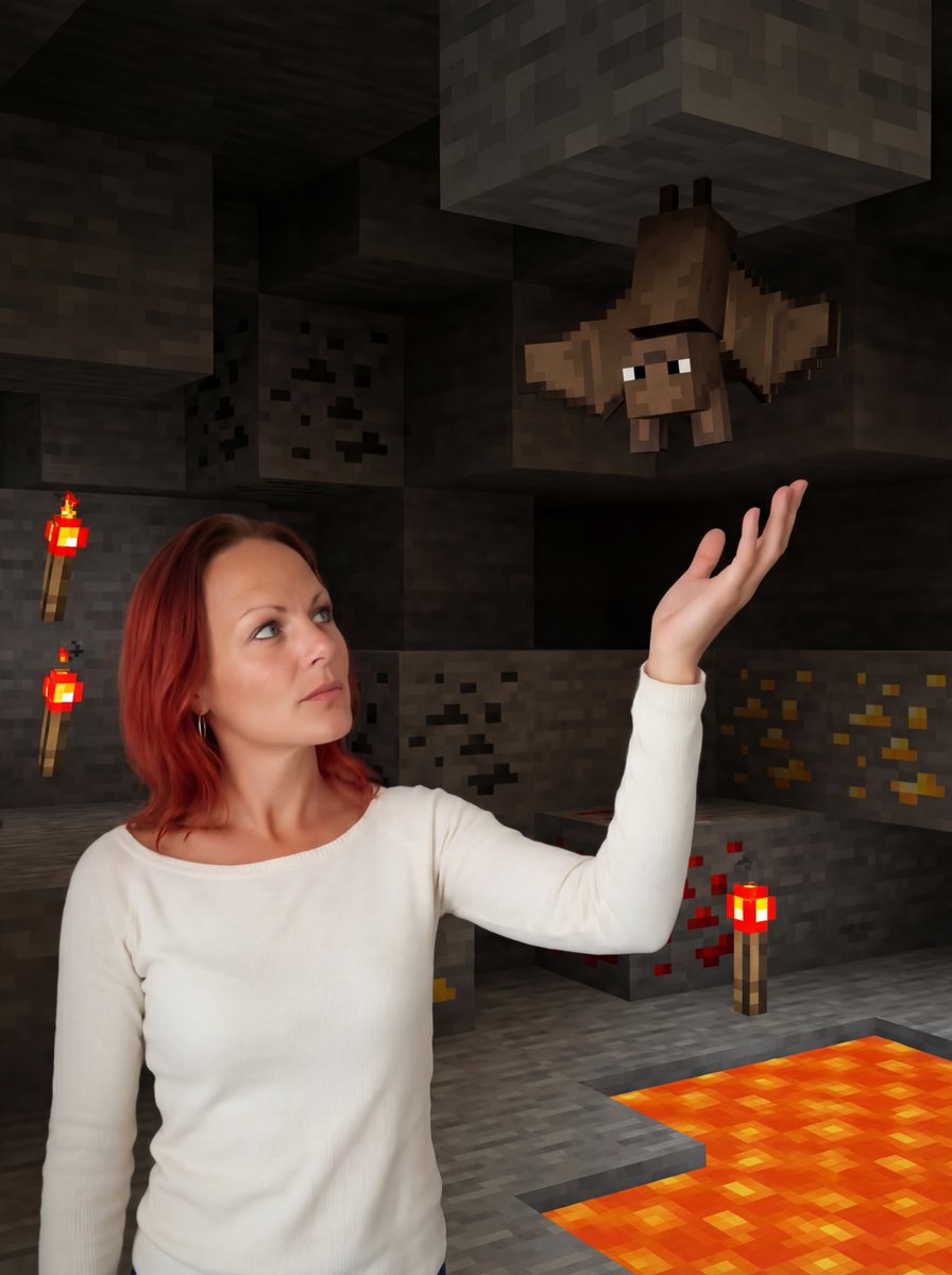 Reimagine Me Inside a Glowing Minecraft Cave, Standing with One Arm — Nano Banana Pro image prompt example