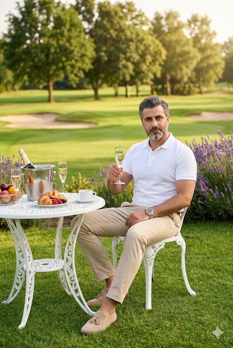 Luxurious Outdoor Breakfast Scene on a Pristine Golf Course, Early — Nano Banana Pro image prompt example
