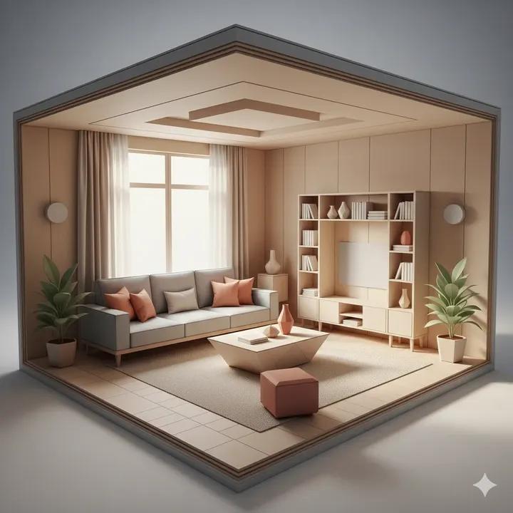 Large-scale Origami-style Living Room Cutaway in Color, Filling Most — Nano Banana Pro image prompt example